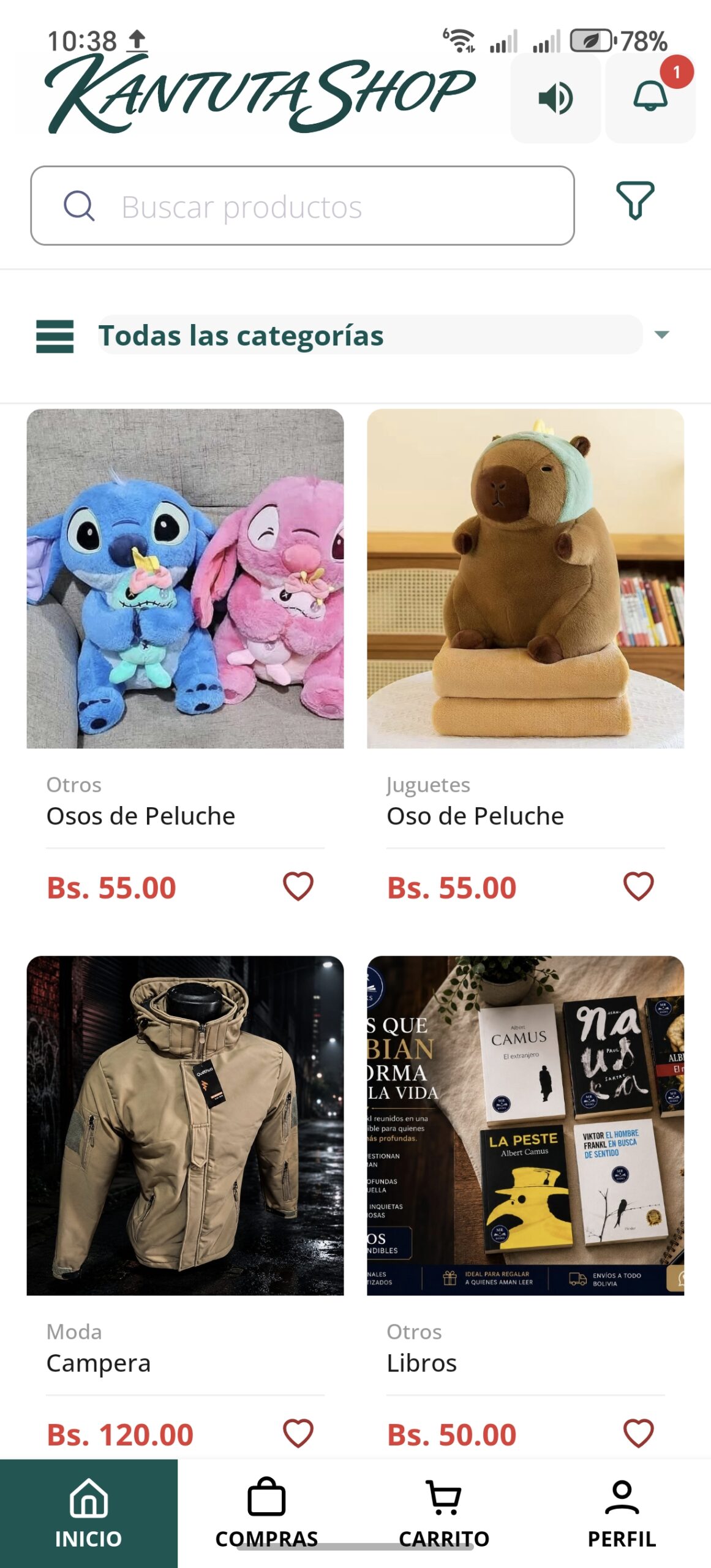 Catálogo y categorías de ShopKantuta